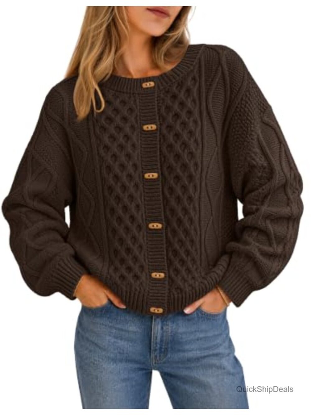 Chunky Cable Knit Button Up Cardigan Sweater Loose Fit Fall Winter